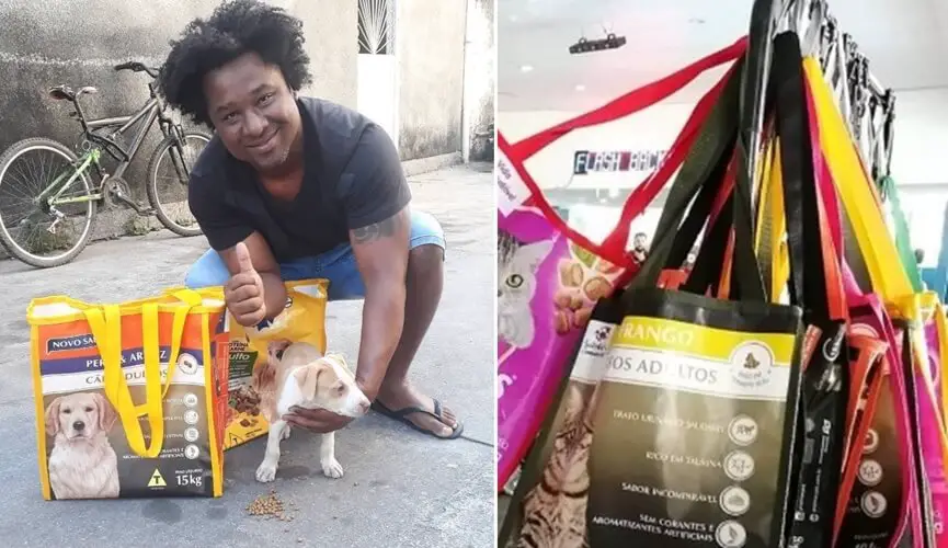 Estudante produz bolsas recicláveis com sacos de ração Estudante produz bolsas recicláveis com sacos de ração