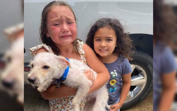 Meninas chora de alegria ao reencontrar seu cachorro perdido