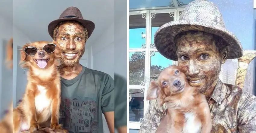Cadelinha ajuda seu pai humano trabalhando como "estátua viva" e encanta a todos cachorra-faz-estatua-viva-com-o-tutor